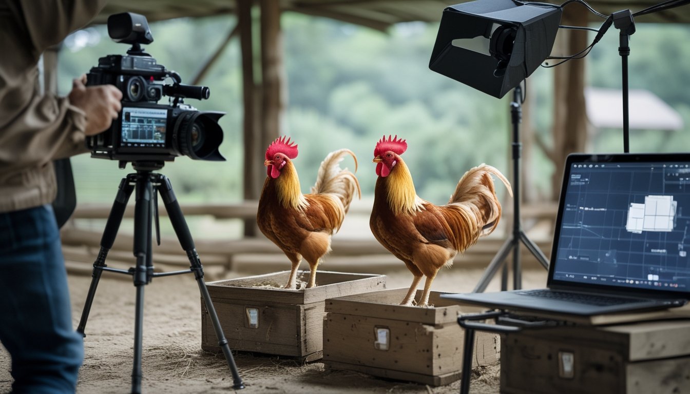 Dua ayam jantan sehat berada di area acara dengan peralatan kamera dan siaran langsung.