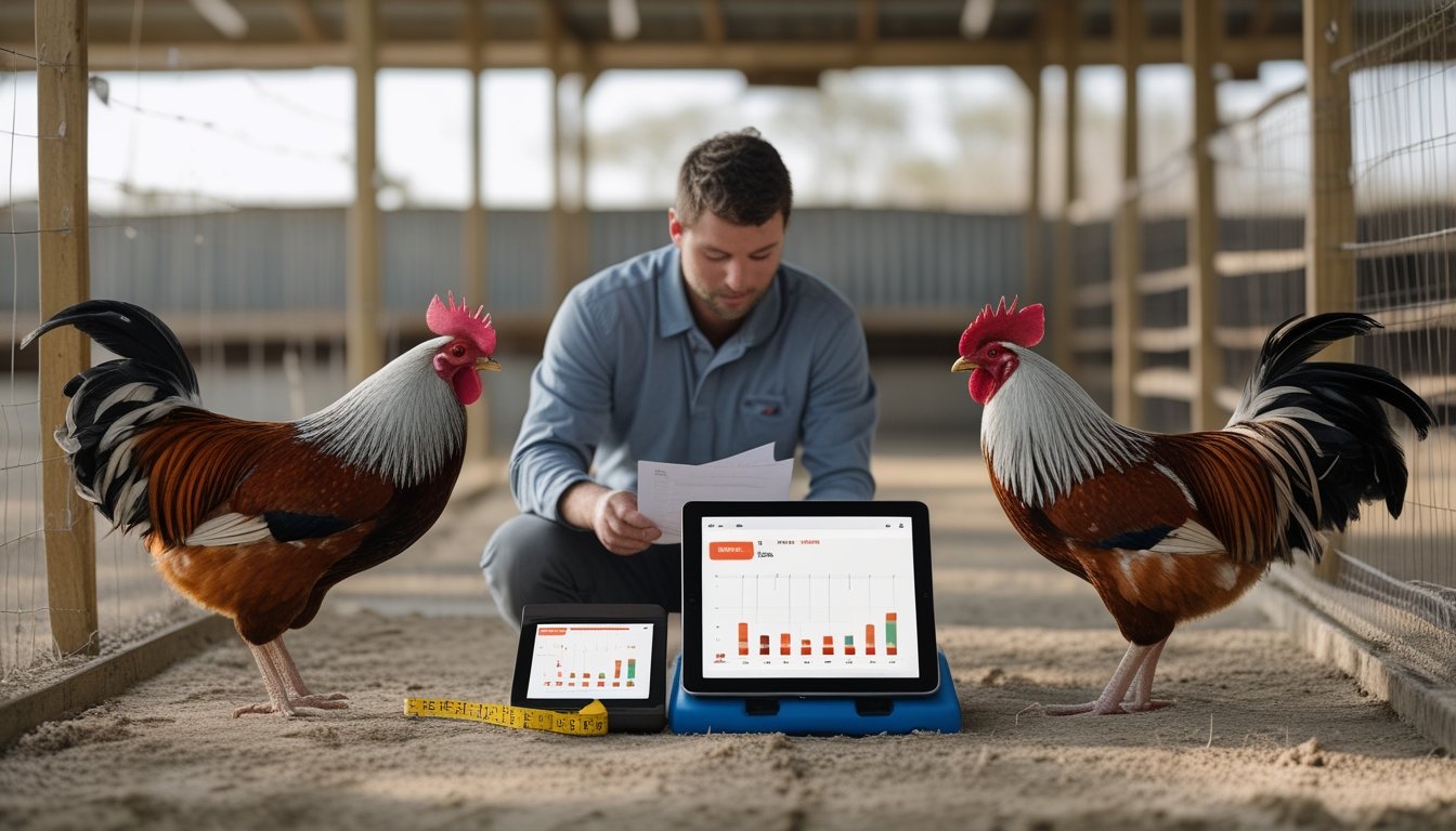 Seorang analis membandingkan data performa dua ayam jantan sehat di lingkungan pelatihan yang tertata.