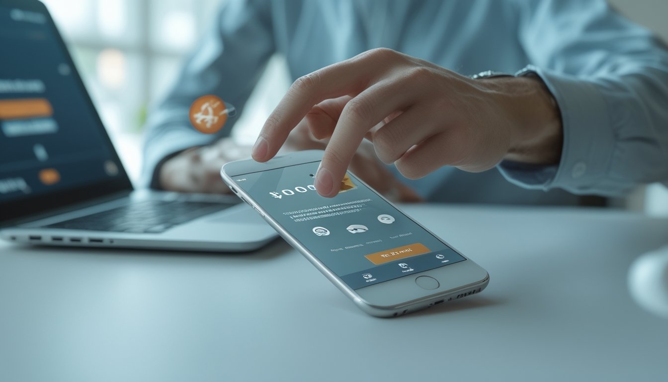 Seseorang menggunakan ponsel untuk melakukan transaksi pembayaran digital dengan tanda konfirmasi.