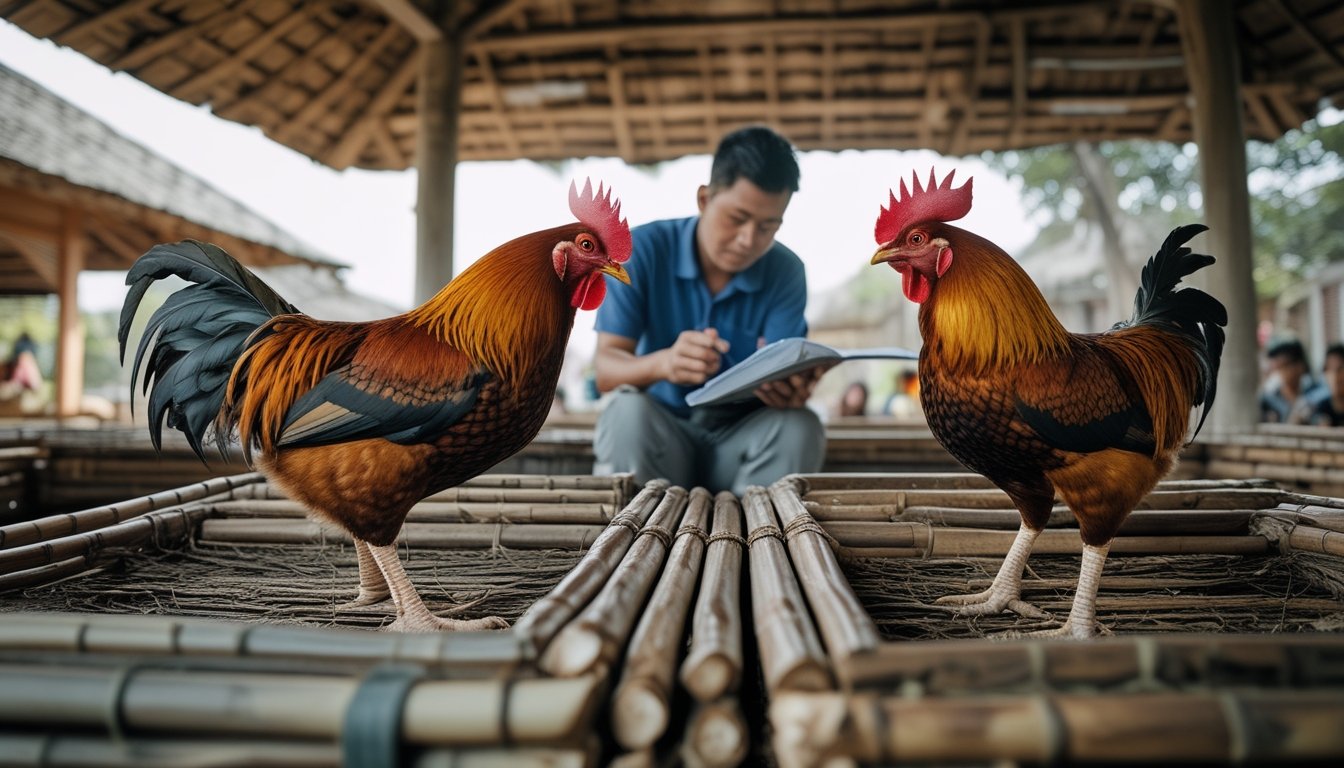 Seorang pengamat mencatat kondisi dua ayam jantan di arena tradisional dengan latar suasana pedesaan.