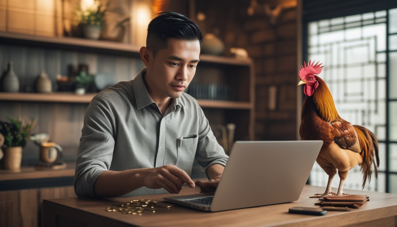 Pria Indonesia menggunakan laptop dan ponsel di ruang modern dengan seekor ayam jantan terlihat di latar belakang.