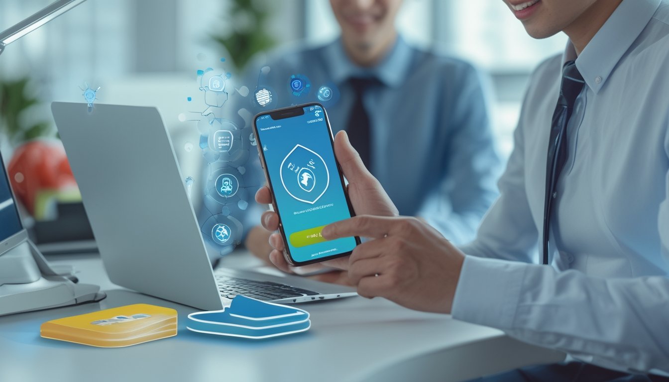 Seseorang menggunakan ponsel di meja kerja dengan tampilan pembayaran digital dan layanan pelanggan di latar belakang.
