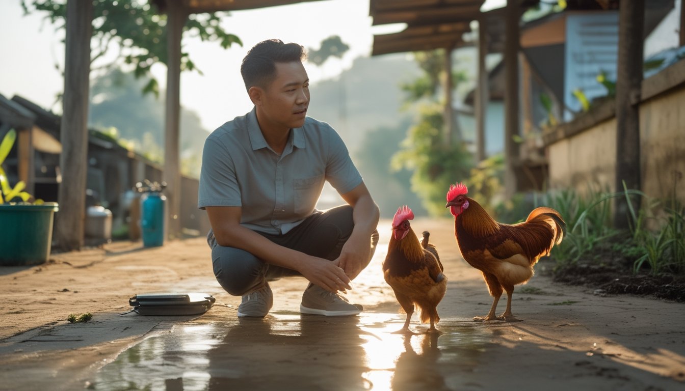 Penghobi merawat dua ayam jantan sehat di kandang bersih dan aman.