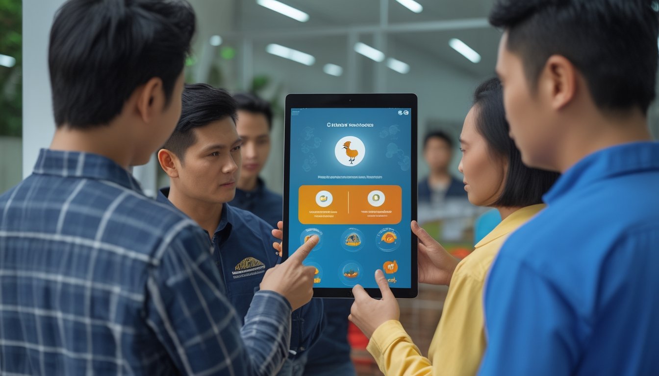 Sekelompok penghobi dewasa menggunakan perangkat digital di ruang komunitas dengan ayam jantan sehat di kandang aman.