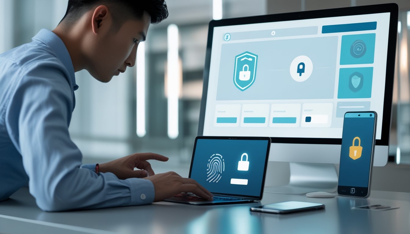 Pengguna mengamankan akun melalui laptop dan ponsel dengan simbol perisai, gembok, dan verifikasi digital.