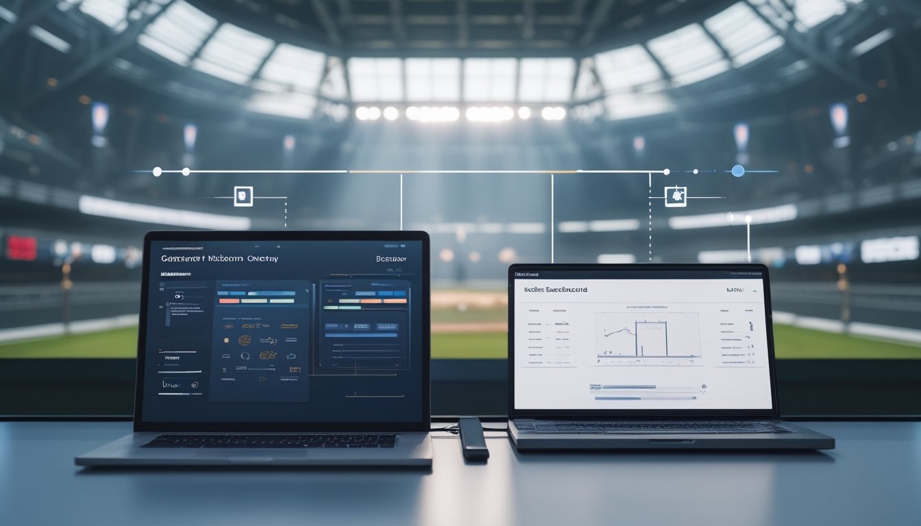 Laptop dan ponsel menampilkan antarmuka platform arena adu ayam dengan elemen perbandingan dan alur kerja.