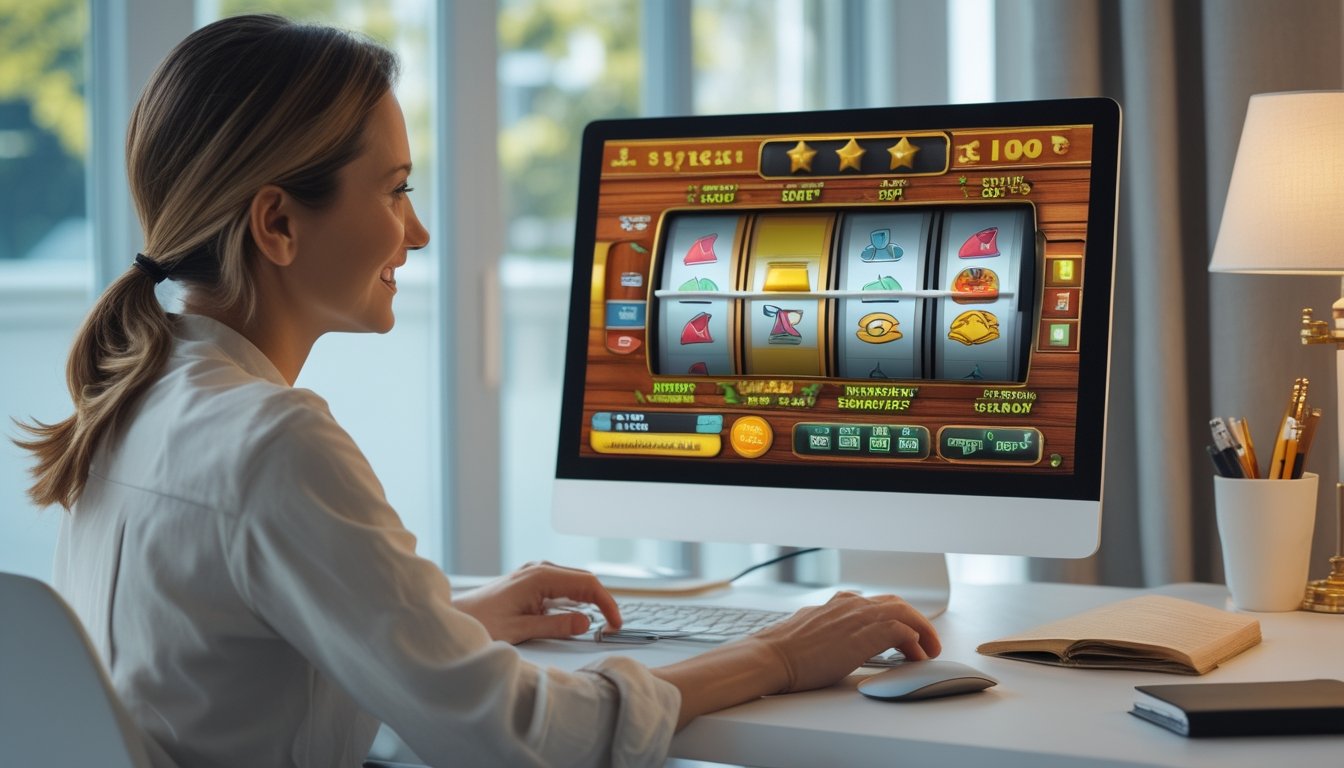Seorang pemula memainkan permainan slot bergaya retro di komputer dengan dompet dan beberapa koin di atas meja.