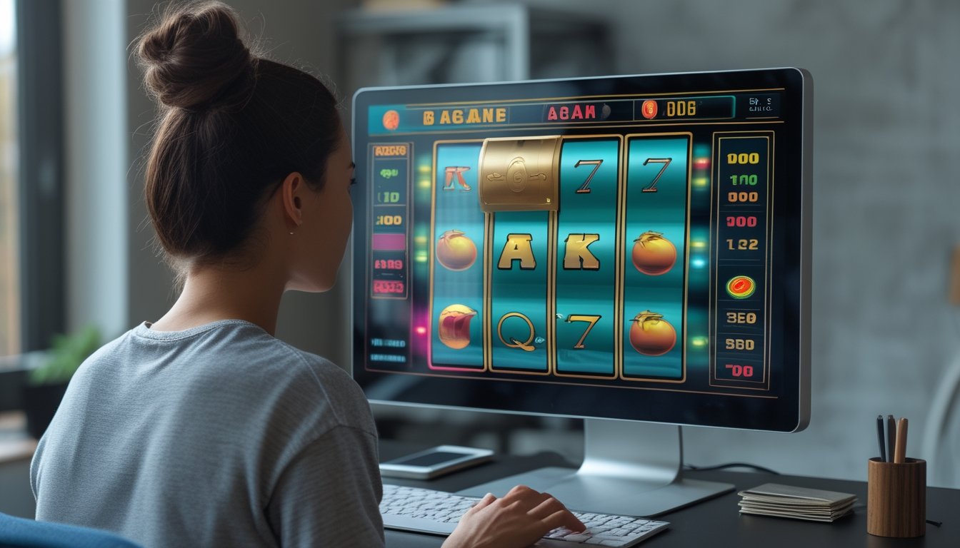 Pemula mempelajari permainan slot bertema retro di depan komputer dengan anggaran kecil.