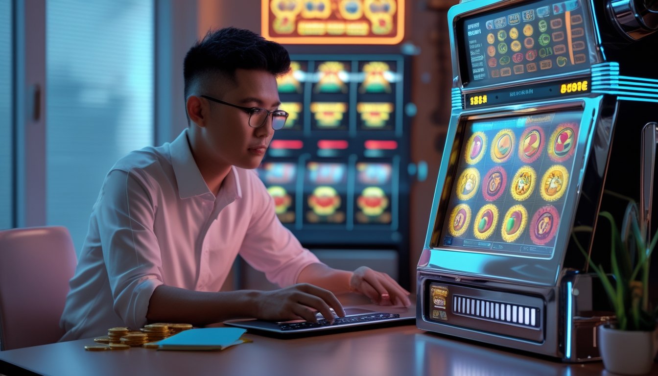 Seorang pemain mempelajari statistik permainan retro di meja dengan laptop, ponsel, dan mesin slot berwarna cerah.
