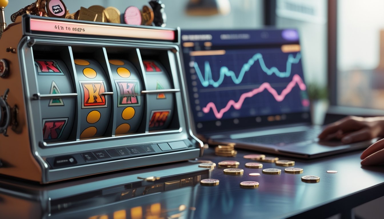 Mesin slot bergaya retro berada di ruang kerja dengan laptop yang menampilkan grafik analisis abstrak.