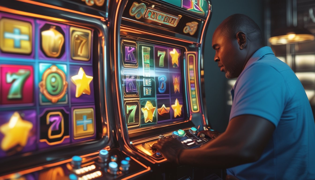 Seseorang mengamati mesin slot bergaya retro dengan simbol buah, koin, lonceng, bintang, dan ikon bonus yang bercahaya.