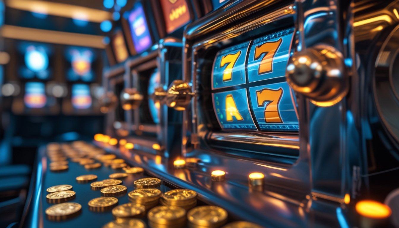 Mesin slot bergaya retro dengan gulungan berisi simbol warna-warni, koin, dan efek cahaya bonus di ruang permainan modern.