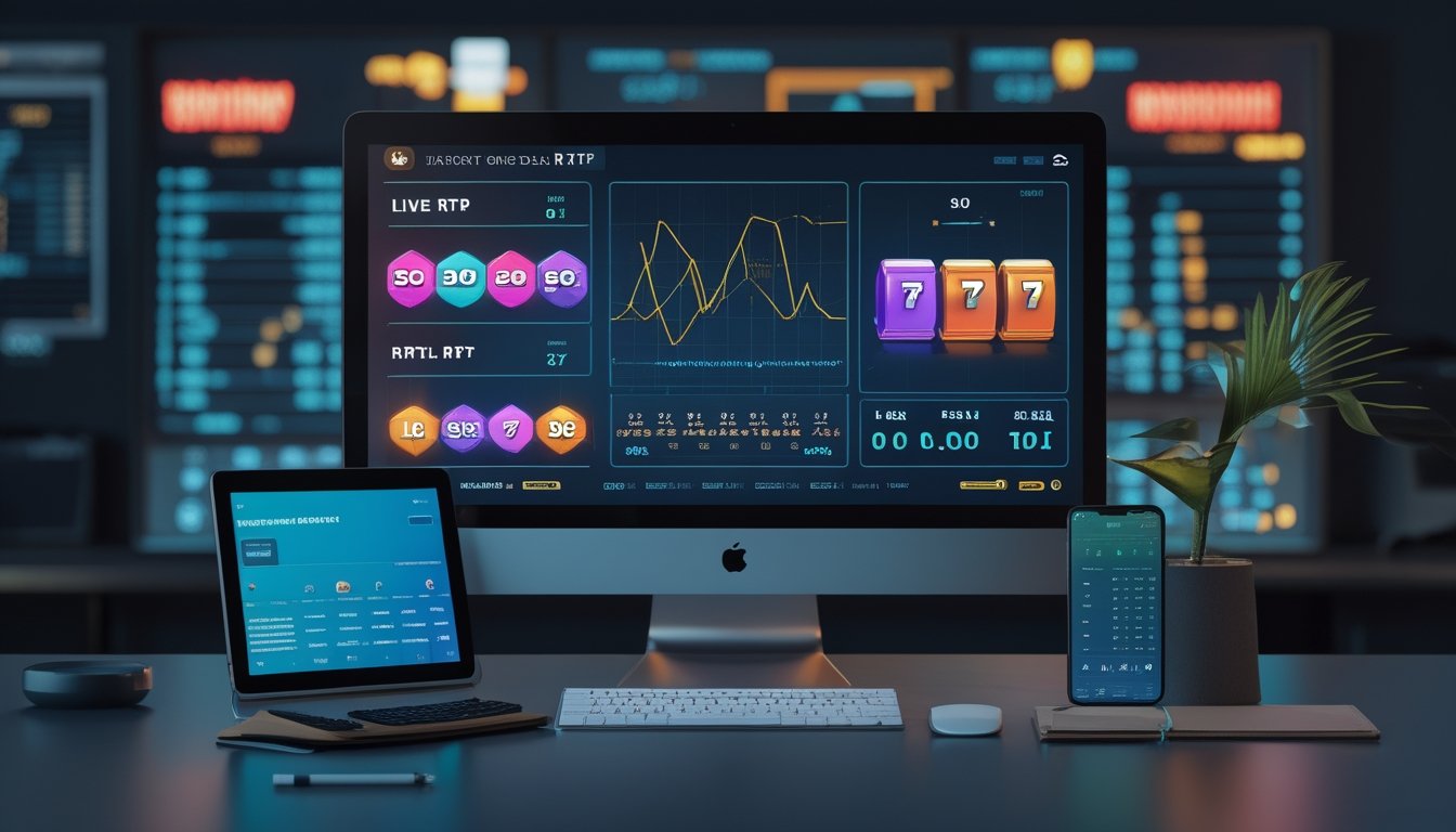 Meja kerja modern dengan monitor yang menampilkan analisis statistik permainan slot bertema retro, kalkulator, buku catatan kosong, dan ponsel.