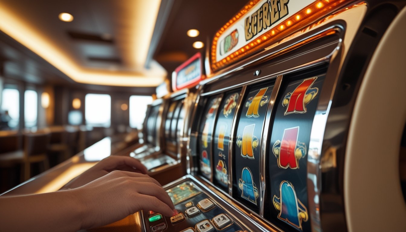 Mesin slot bergaya retro dengan lampu hangat berada di ruang hiburan modern, dengan tangan seseorang di dekat panel kontrol.