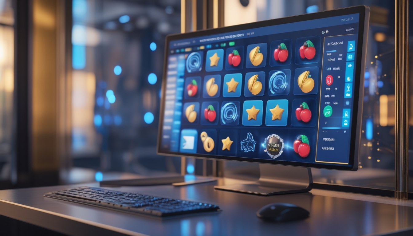 Monitor menampilkan permainan slot bergaya retro di ruang kerja modern dengan pencahayaan biru dan emas.