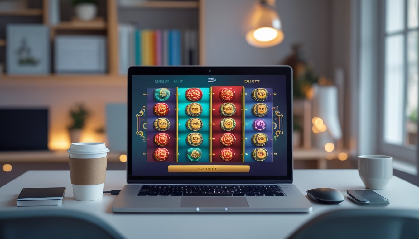 Seseorang menggunakan laptop dengan tampilan permainan bergaya retro di ruang kerja modern.