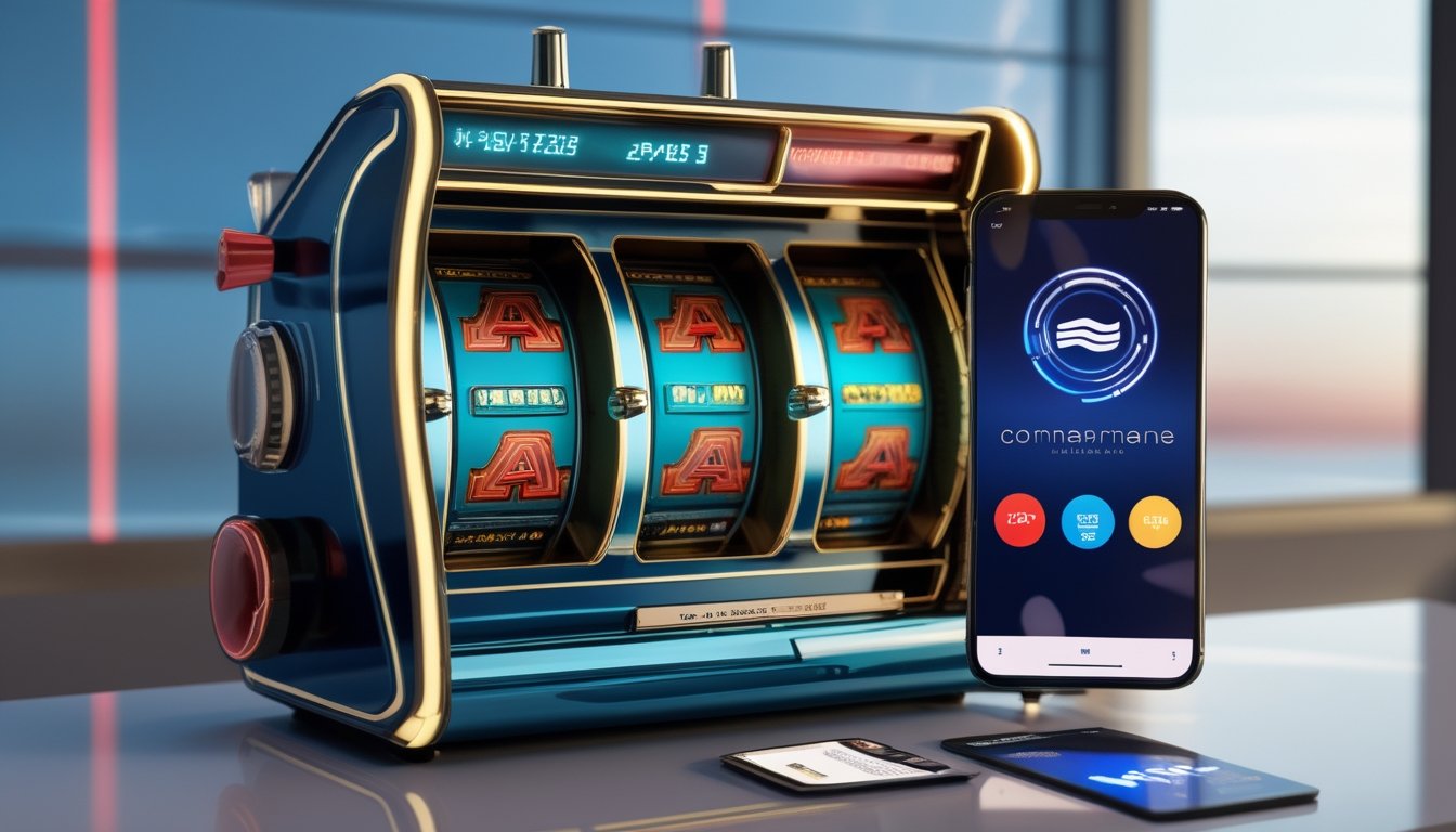 Mesin slot bergaya retro dan ponsel dengan tampilan permainan abstrak berada di atas meja dengan aksesori pembayaran digital.