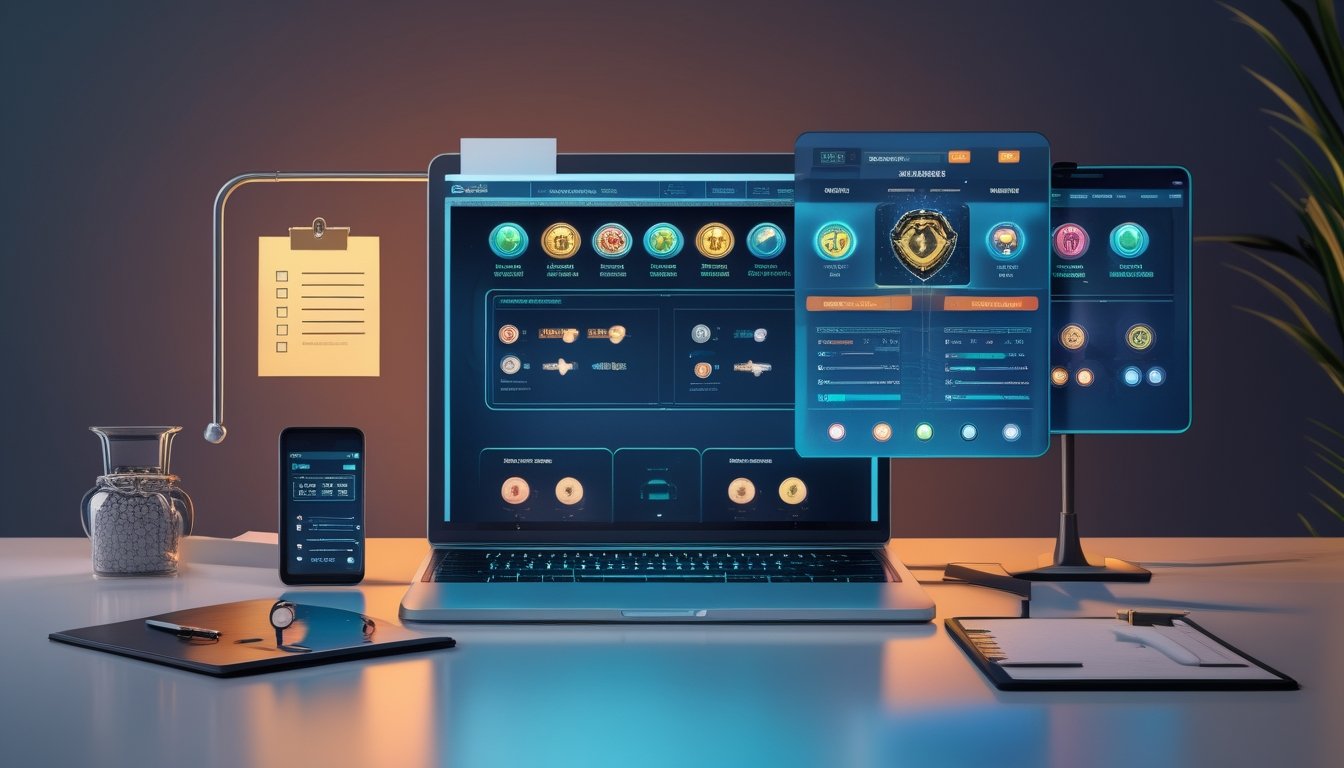 Perangkat digital menampilkan permainan gulungan retro dan perbandingan platform di meja kerja modern.