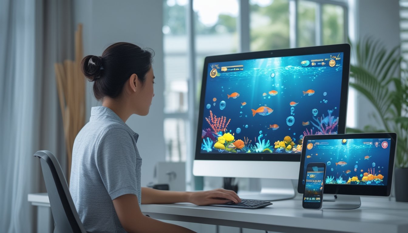 Seseorang bermain permainan tembak ikan daring di komputer dalam ruang kerja modern.