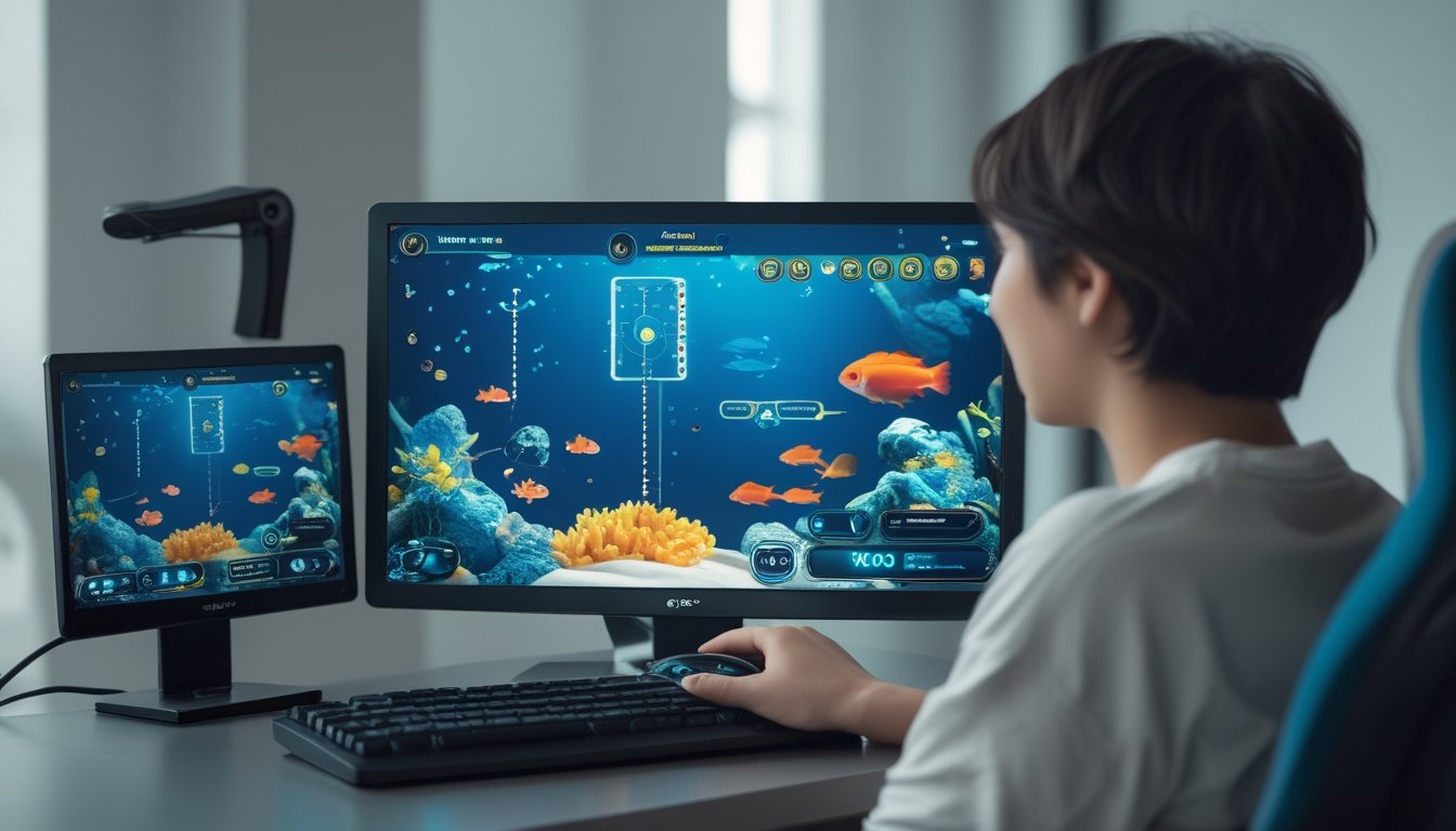 Seseorang mempelajari permainan tembak ikan digital di depan monitor dengan suasana bawah laut berwarna-warni.