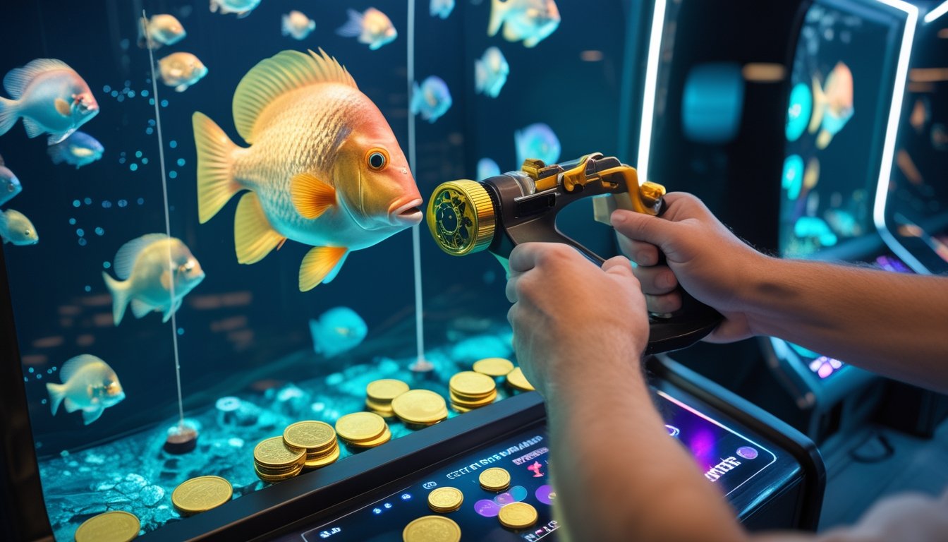 Pemain mengarahkan meriam permainan arcade ke arah ikan besar di antara ikan-ikan kecil, dengan koin tersusun di dekat kontrol.