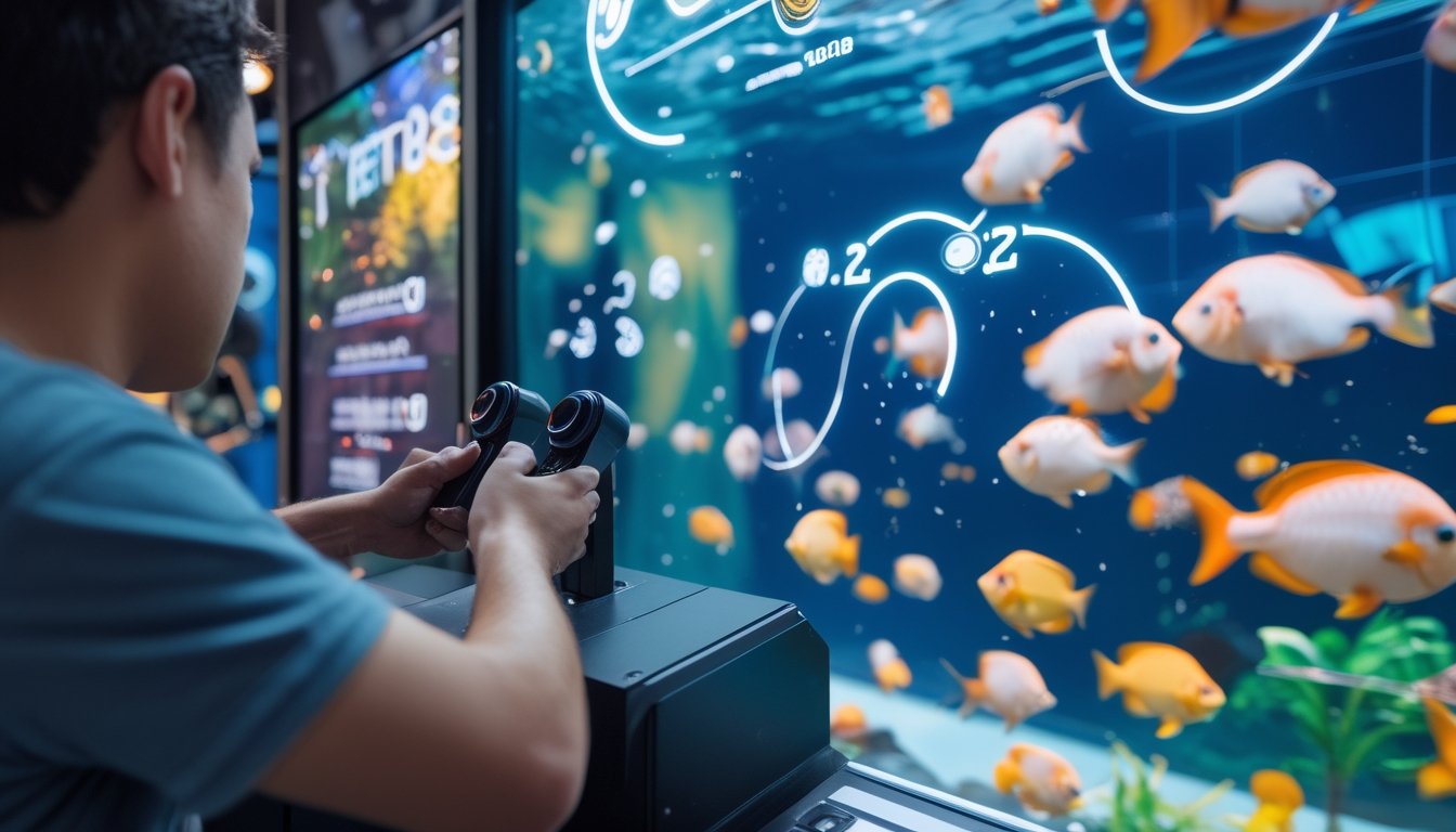 Seorang pemain mengarahkan alat permainan ke ikan besar di dalam layar akuarium digital, dikelilingi ikan-ikan kecil.