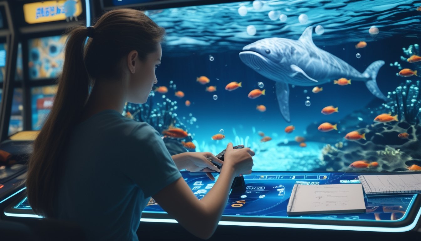 Seorang pemain menganalisis permainan tembak ikan bertema bawah laut di dalam arcade.