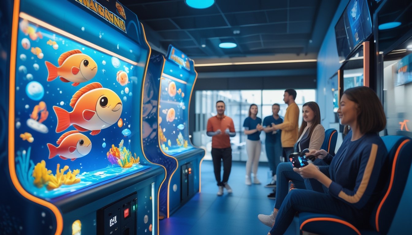 Orang dewasa bermain gim memancing bertema laut di sebuah arena hiburan modern.