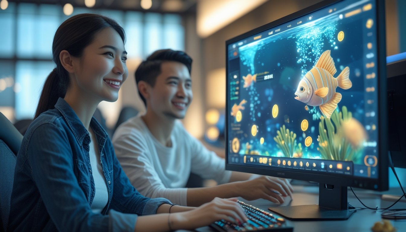 Dua orang dewasa tersenyum melihat permainan ikan berwarna-warni di monitor dalam ruang permainan modern.