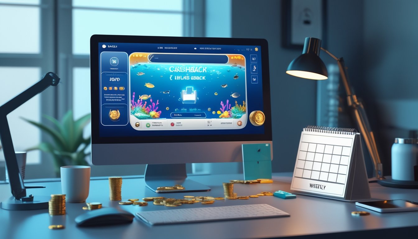 Meja kerja modern dengan monitor permainan memancing digital, ponsel, koin, dan elemen hadiah.