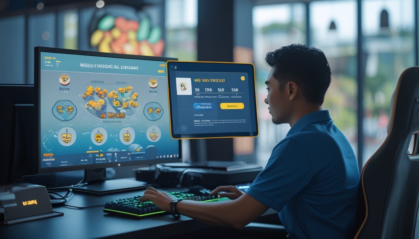 Seorang pemain dewasa meninjau dashboard permainan dengan indikator kelayakan, kalender mingguan, dan hadiah cashback.