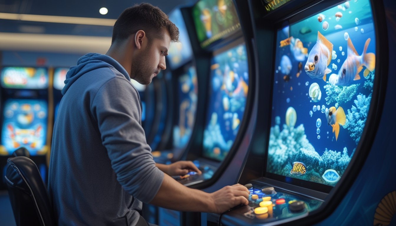 Seorang pemain mengamati permainan tembak ikan di mesin arcade dengan tampilan ikan tropis bawah laut.