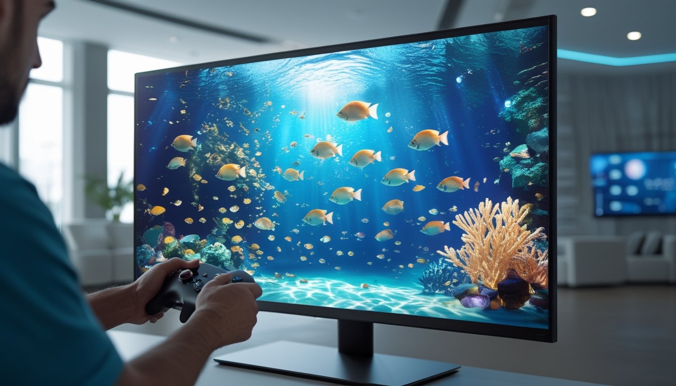 Seseorang memainkan permainan tembak ikan bertema bawah laut di depan layar besar.