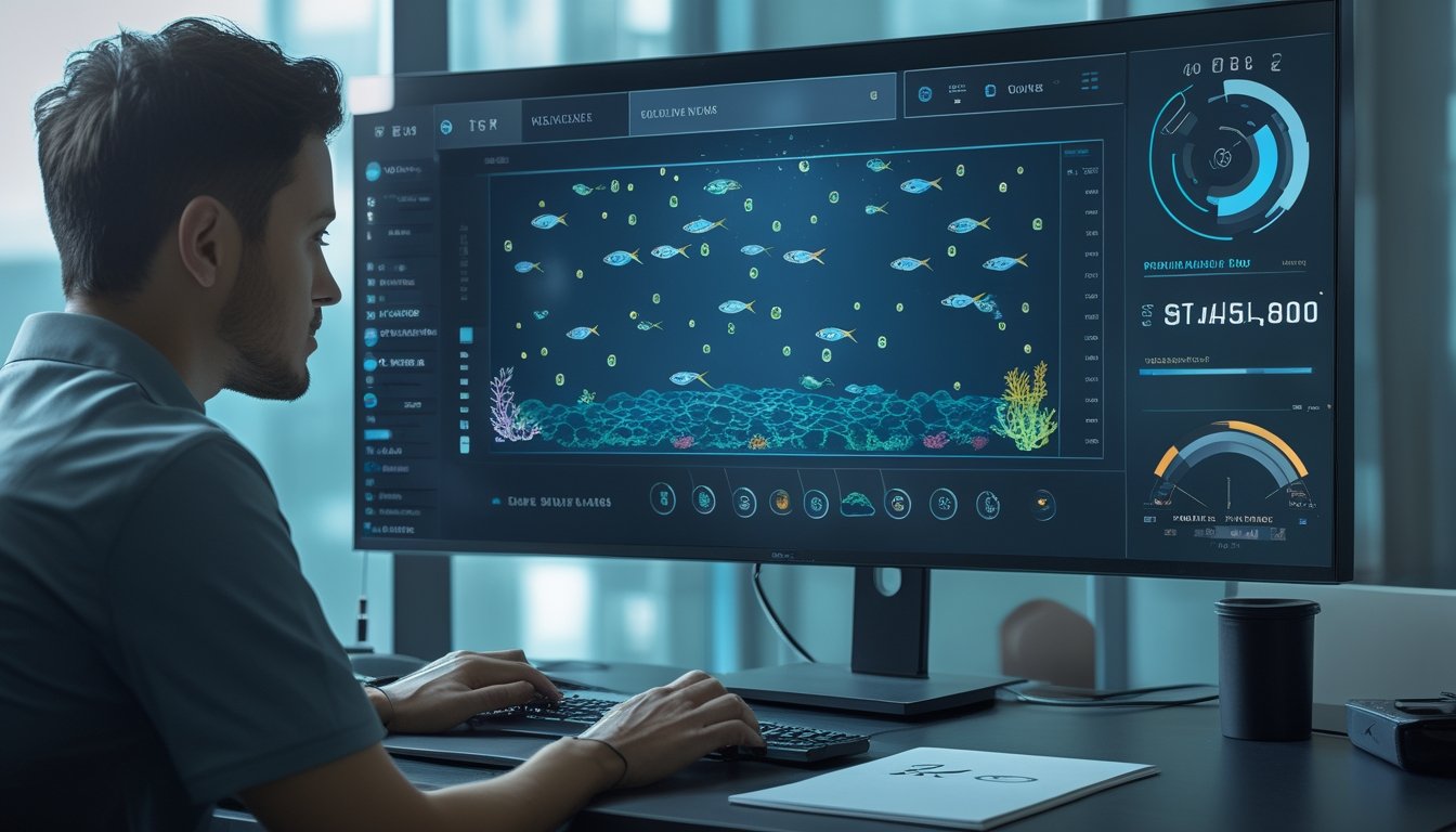Seorang analis mengevaluasi permainan tembak ikan melalui layar komputer dengan grafik performa dan latar bawah laut.