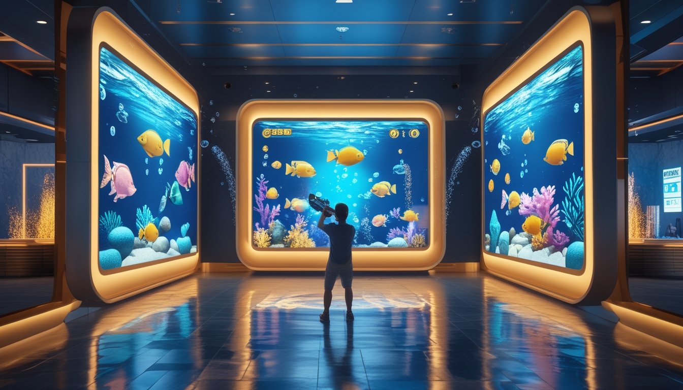 Pemain menikmati permainan arcade menembak ikan dengan layar bawah laut berwarna-warni dan efek koin berkilau.