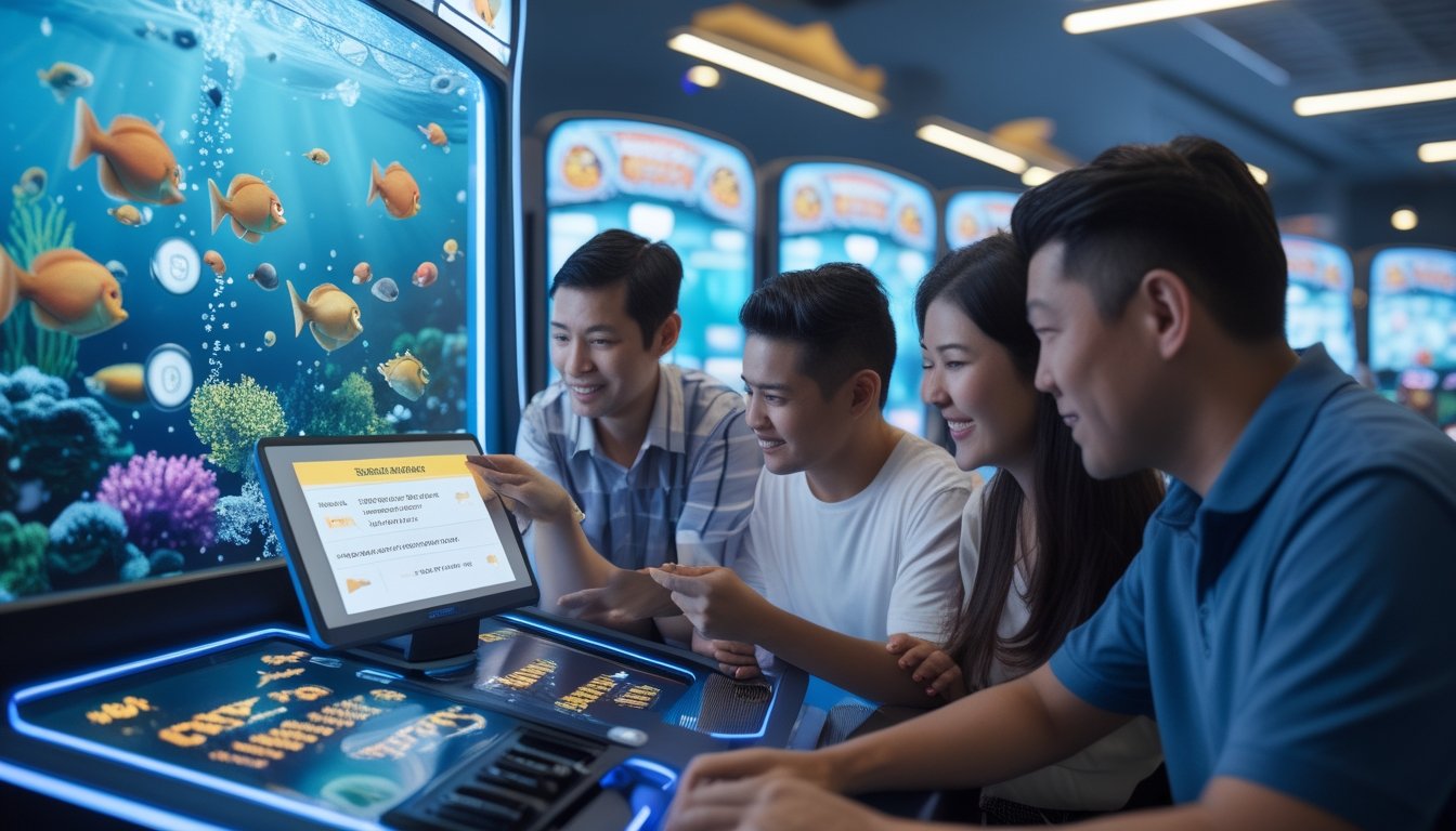 Sekelompok orang dewasa berdiskusi di sekitar permainan arcade bertema bawah laut sambil melihat tablet.