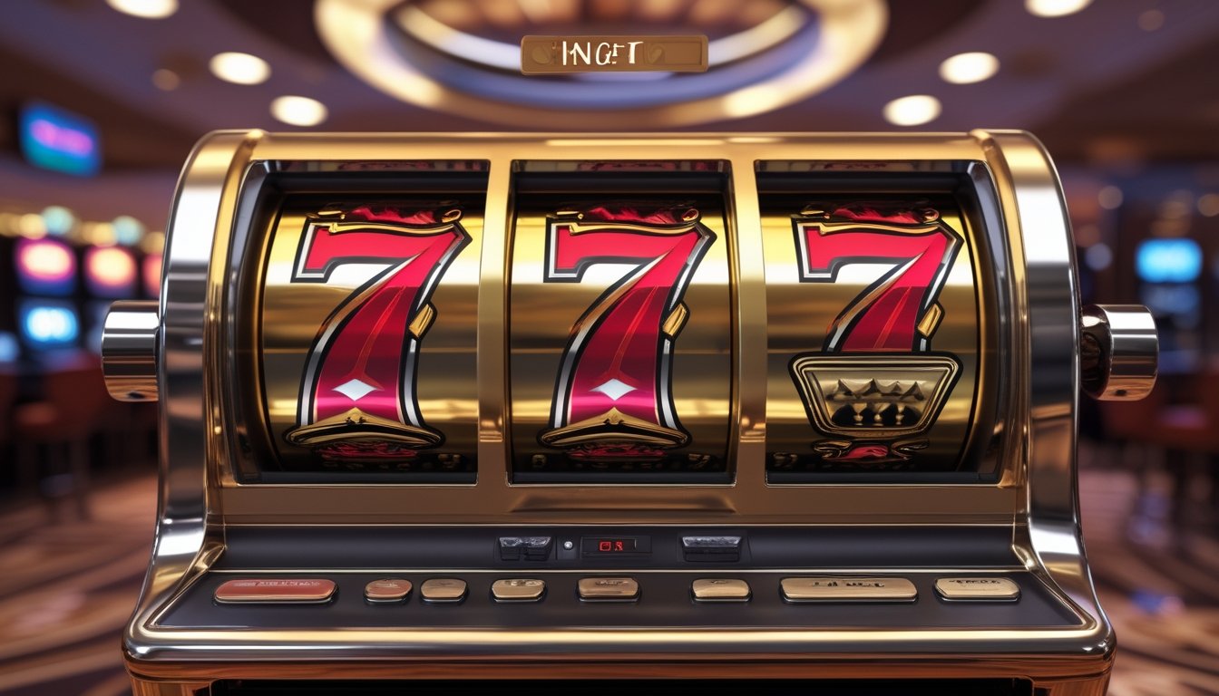 Mesin slot mewah dengan tiga simbol tujuh merah di ruangan kasino bercahaya.