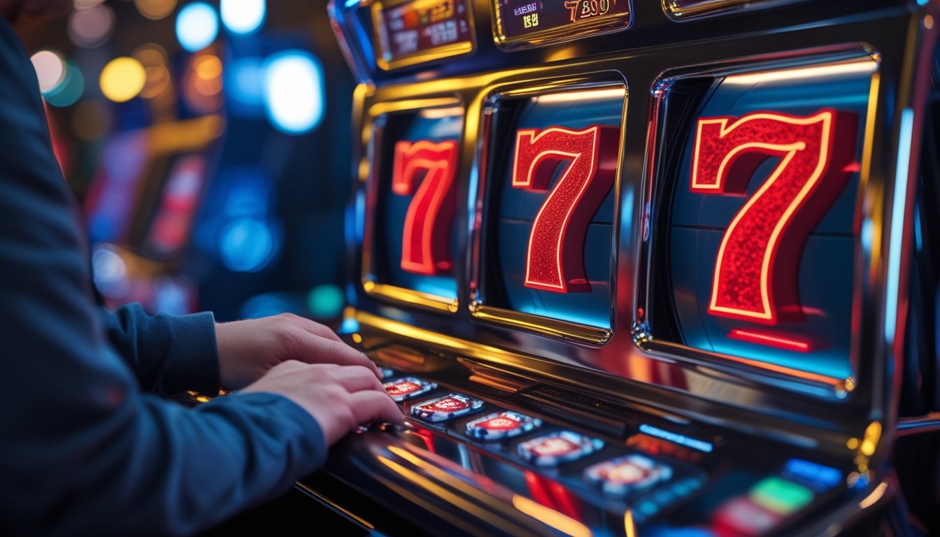 Mesin slot modern dengan tiga angka tujuh menyala di lingkungan kasino, disertai tangan pemain dan keping permainan.