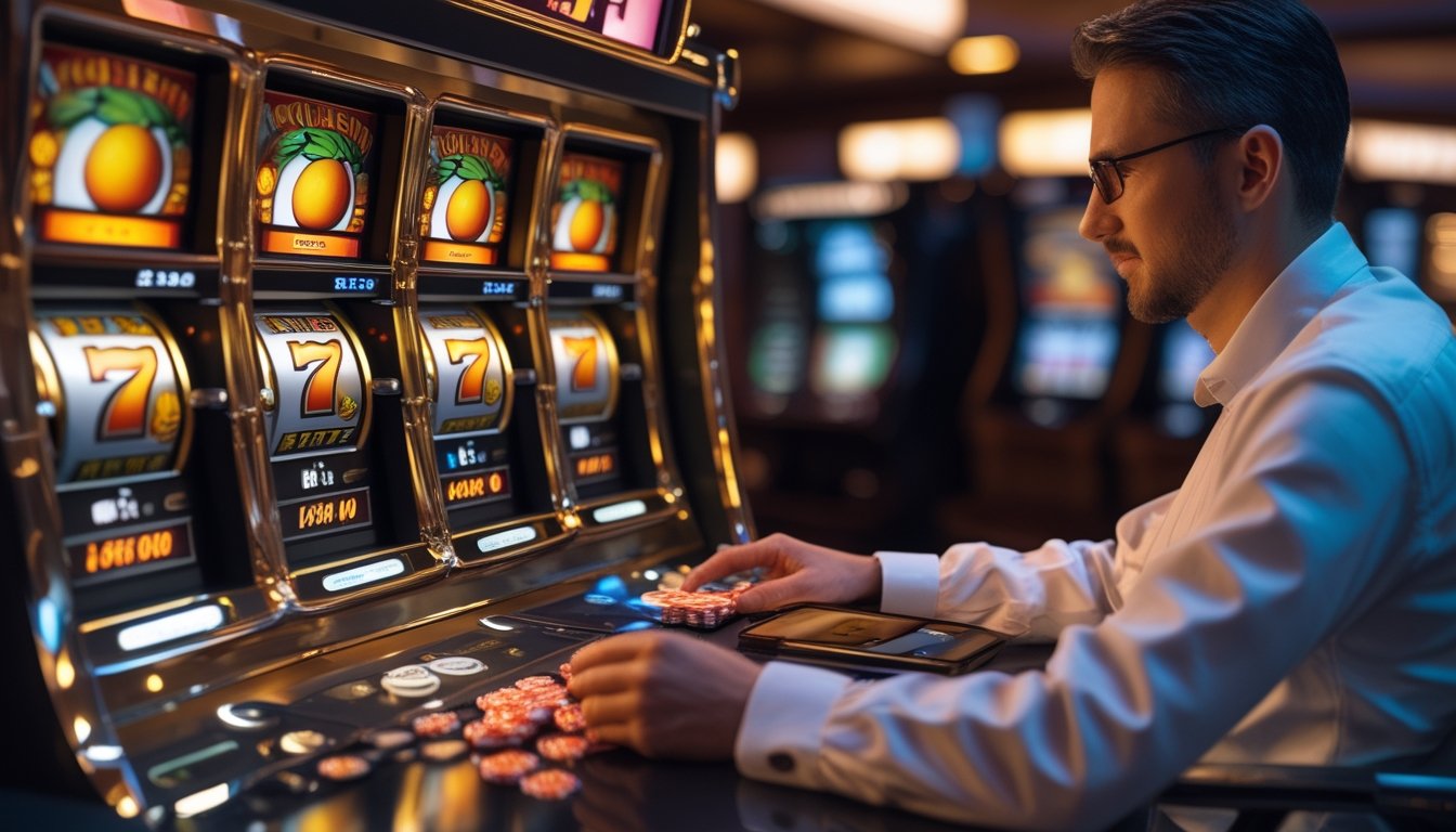 Seorang pemain dewasa mengamati mesin slot tiga gulungan dengan tenang di kasino modern.