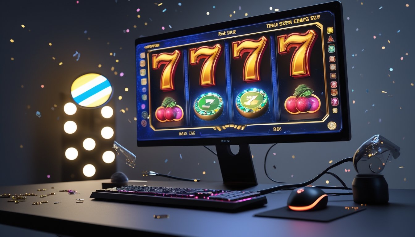 Komputer desktop menampilkan permainan bertema tiga angka tujuh dengan pencahayaan neon dan dekorasi konfeti.
