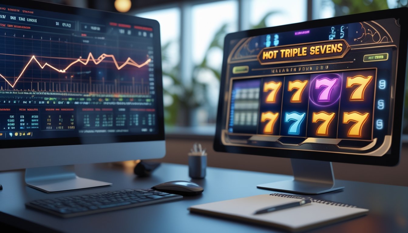 Meja kerja dengan monitor yang menampilkan grafik analisis dan permainan slot dengan simbol angka tujuh.