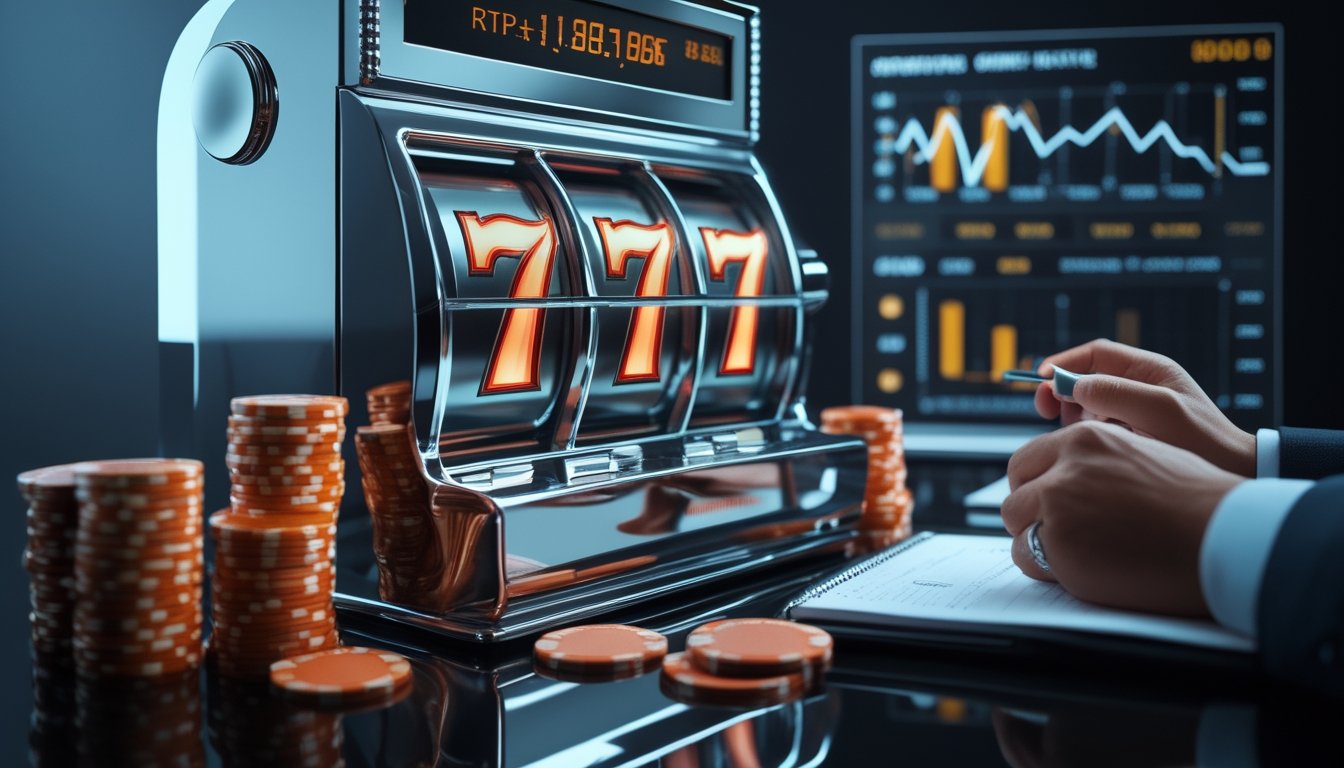 Mesin slot dengan tiga simbol tujuh merah dikelilingi elemen analisis data dan perlengkapan pencatatan.
