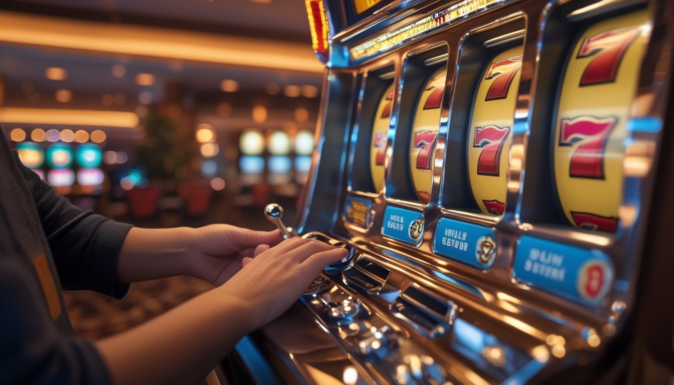 Mesin slot klasik tiga gulungan dengan aksen merah dan emas di dalam kasino yang hangat.