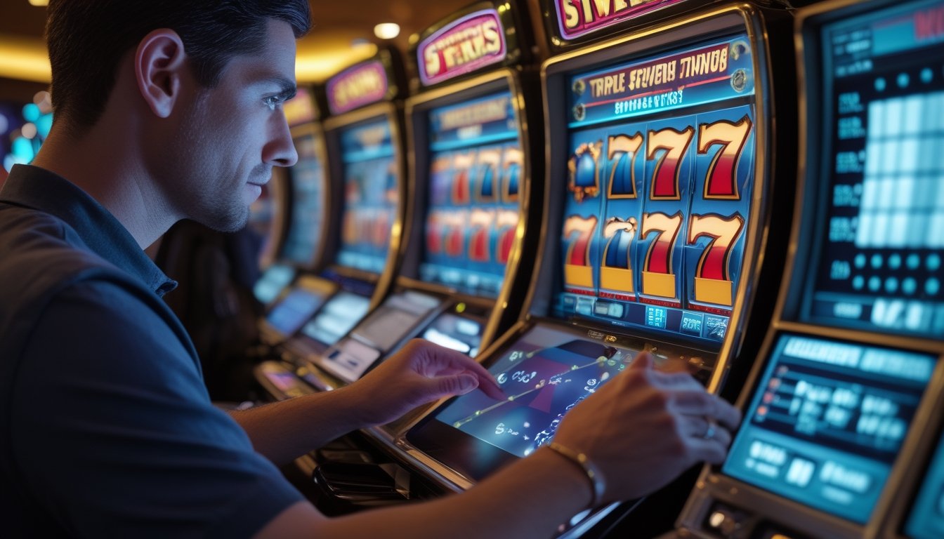 Pemula mempelajari mesin slot bertema Triple Sevens sambil melihat catatan strategi di lingkungan kasino modern.