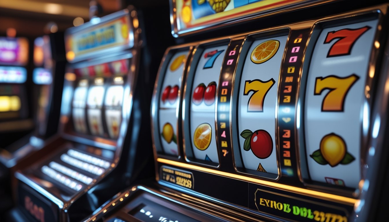 Mesin slot klasik menampilkan berbagai simbol permainan dengan indikator kombinasi pembayaran.