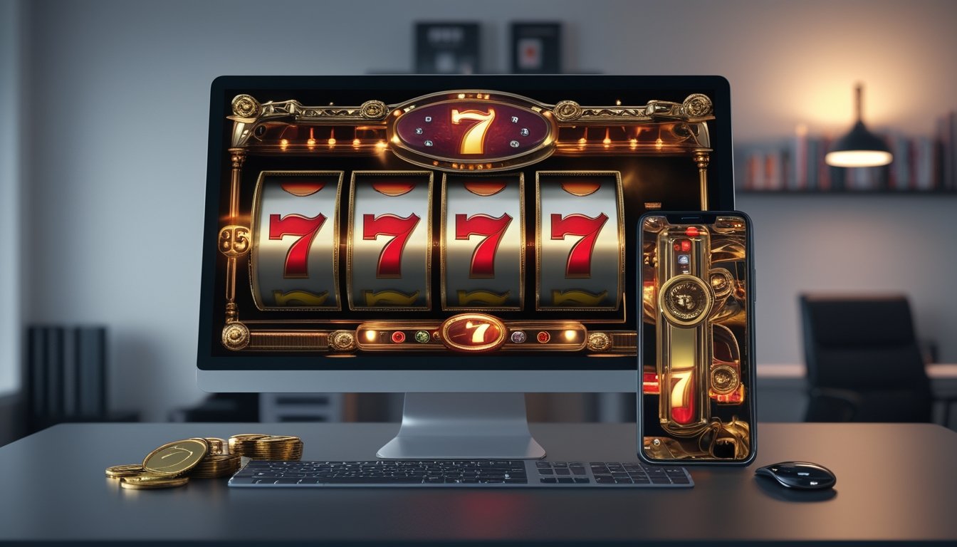 Tampilan permainan slot digital dengan tiga angka tujuh merah menyala di layar monitor dan ponsel dalam suasana modern.