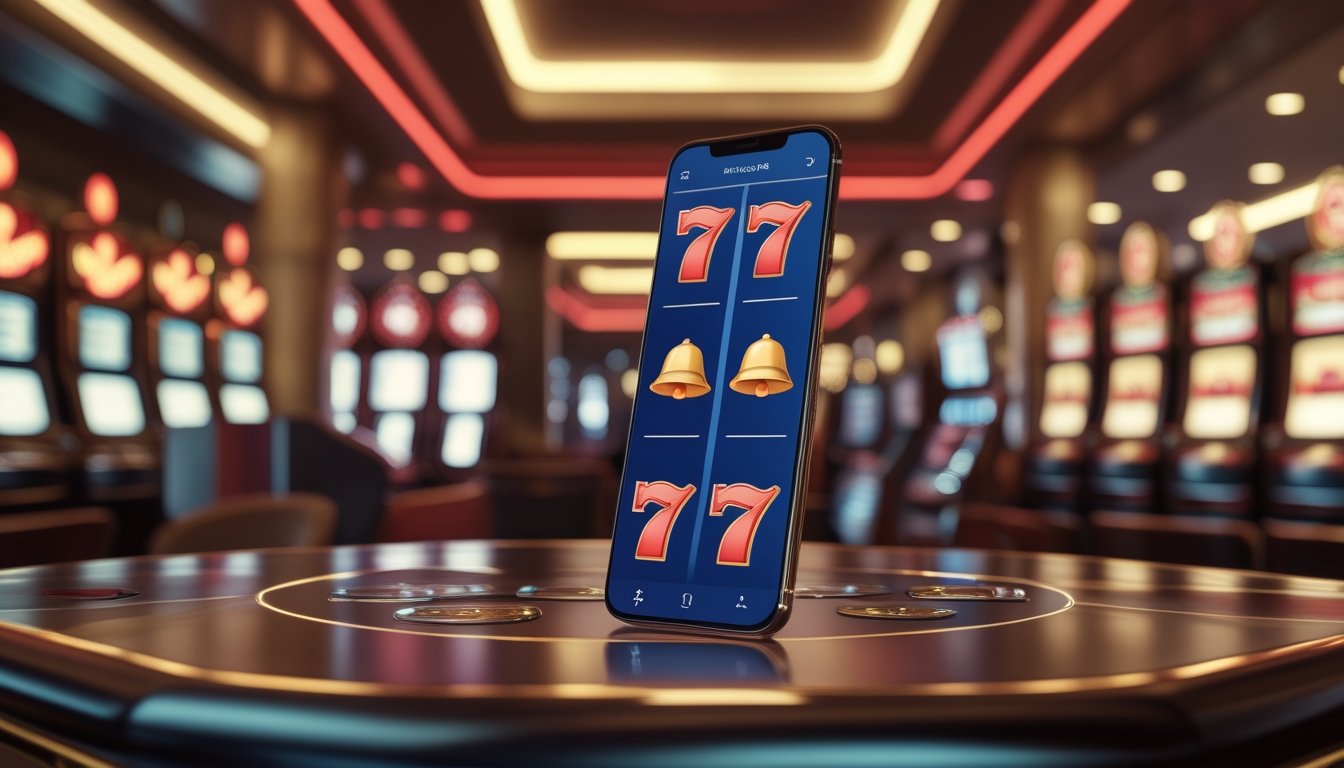 Ponsel menampilkan permainan slot klasik dengan simbol tujuh merah di suasana kasino bernuansa Las Vegas.