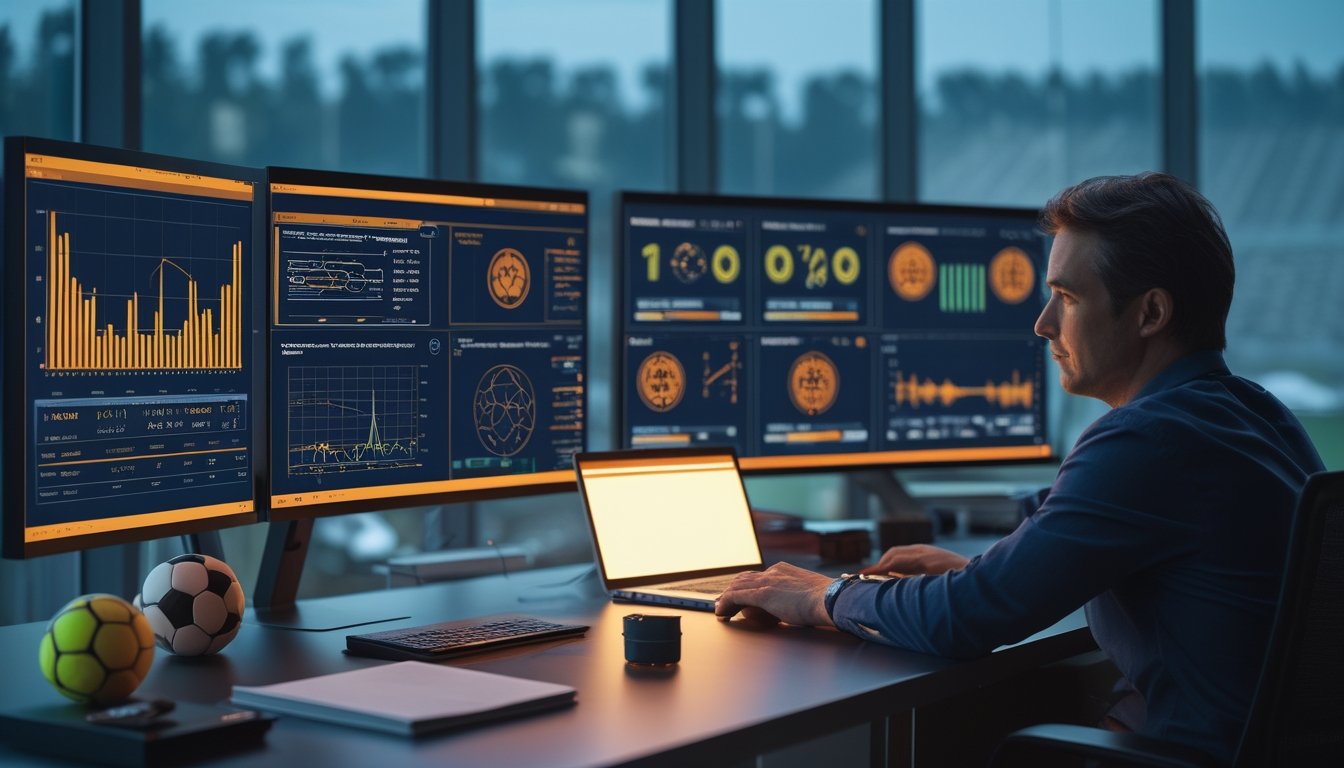 Seorang analis mempelajari grafik statistik pertandingan sepak bola di ruang kerja modern.