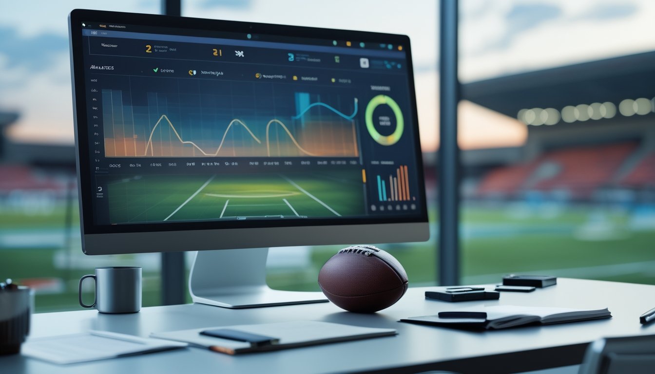 Ruang analisis sepak bola dengan grafik statistik pertandingan, bola, dan stadion yang diterangi lampu pada malam hari.