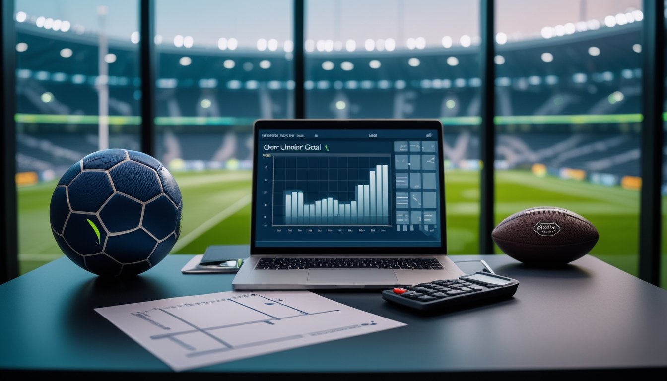 Meja analisis sepak bola dengan bola, laptop berisi grafik, dan stadion yang terlihat di latar belakang.